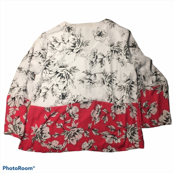 Alfani Floral Print 1/2 Zip V Neck Top PM Medium Petite White Pink Black FLAWS - Picture 2 of 8